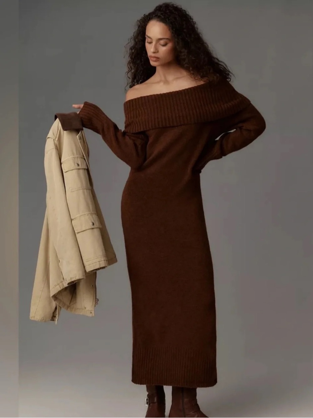 DAILY PRACTICE • ANTHROPOLOGIE Off The Shoulder Foldover Sweater Dress Sz MP NWT